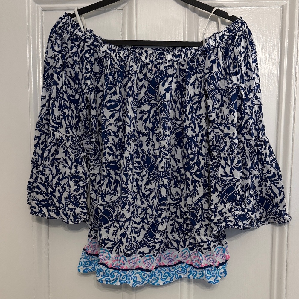 Lilly Pulitzer Nevie Navy and White Off-Shoulder Blouse (Size Medium)